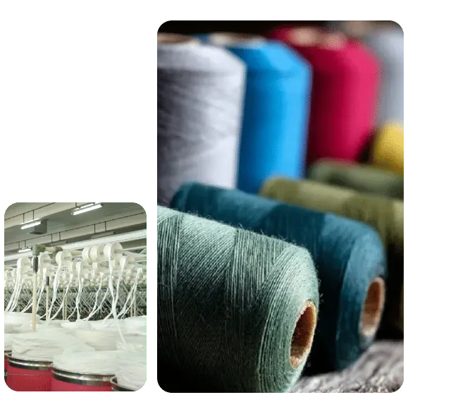 Coloured yarn cones and spinning machines at Jayavilas